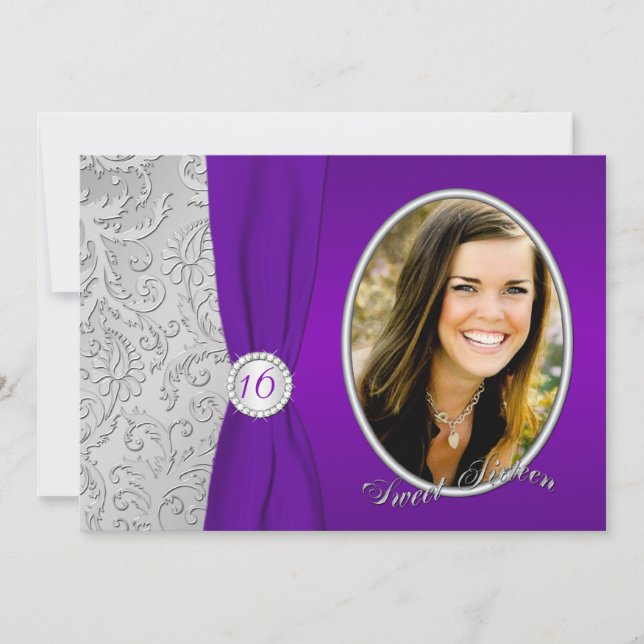 Purple and Silver Photo Sweet Sixteen Invitation (Front)