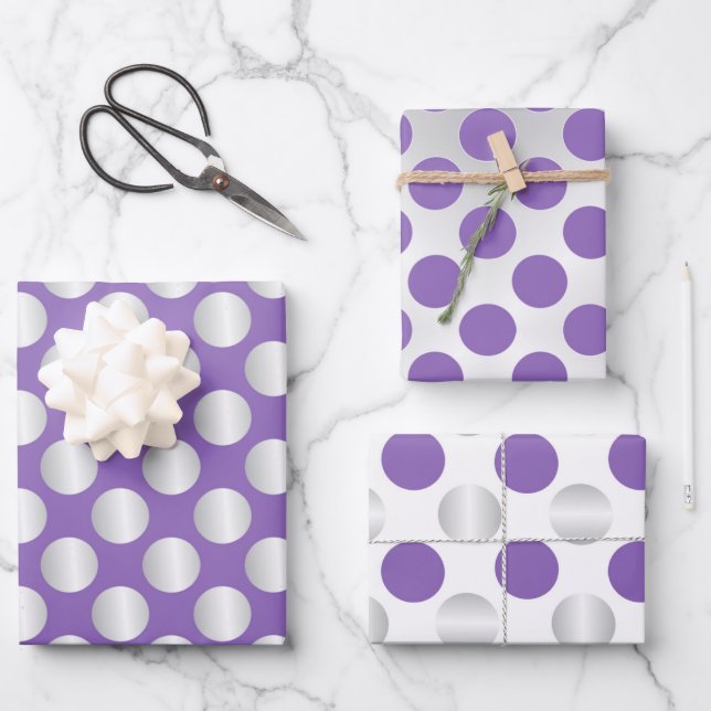 Purple and silver polka dots wrapping paper sheet (Front)