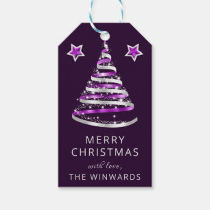 Purple and Silver Ribbon & Glitter Christmas Tree Gift Tags