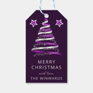 Purple and Silver Ribbon & Glitter Christmas Tree Gift Tags