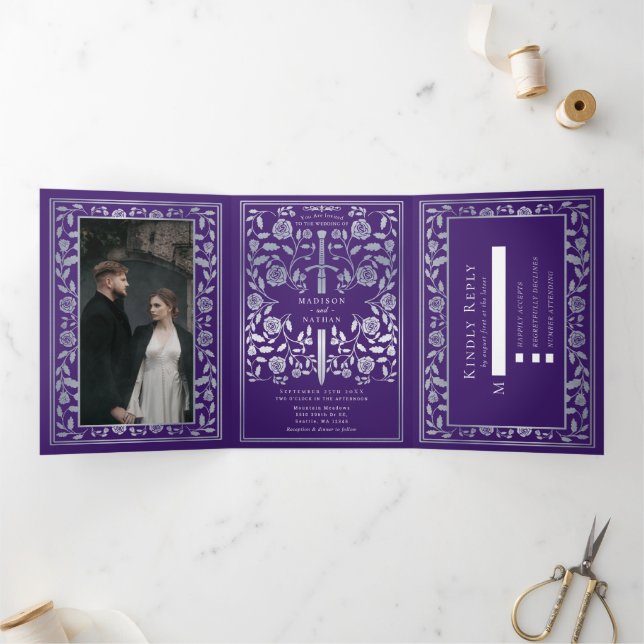 Purple and Silver Royal Medieval Sword Wedding Tri-Fold Invitation (Inside)