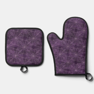 Purple and Silver Spiderweb Gothic Pattern Oven Mitt & Pot Holder Set