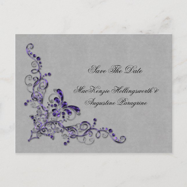 Purple and Silver Swirls Save The Date Announcement Postcard (Front)