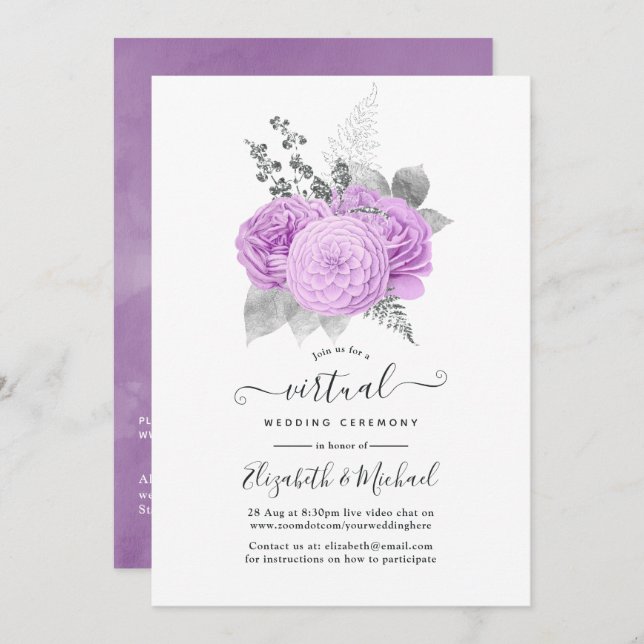 Purple and Silver Vintage Rose Virtual Wedding Invitation (Front/Back)