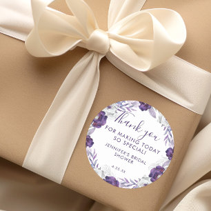 Purple and Silver Watercolor Floral Bridal Shower Classic Round Sticker