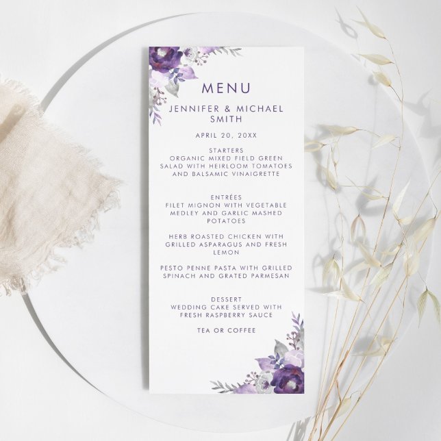 Purple and Silver Watercolor Floral Wedding Menu (Purple and Silver Watercolor Floral Wedding Menu)