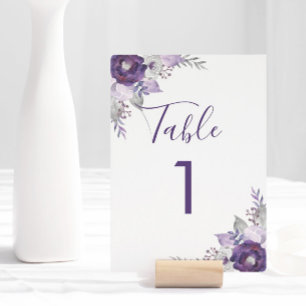 Purple and Silver Watercolor Floral Wedding Table Number