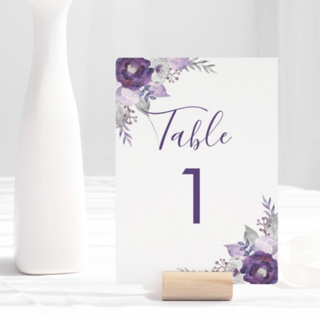Purple and Silver Watercolor Floral Wedding Table Number (Purple and Silver Watercolor Floral Wedding Table Number)