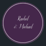 Purple and Silver Wedding Delight Classic Round Sticker<br><div class="desc">Truly a delight,  these purple and silver wedding stickers makes the perfect accessory for your celebratory needs.  Displayed upon a purple background,   the templates makes filling in the couple's name simple.  The names and border are displayed in silver colour.  Personalize your wedding stickers today!  

Wedding Sticker Design: WeddingsbyRhoadie</div>