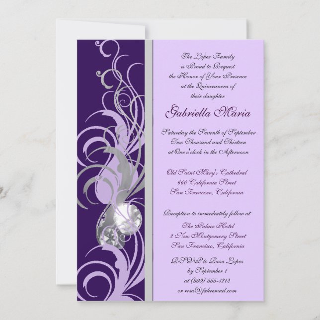 Purple and Silvery Custom Quinceanera Invitations (Front)