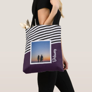 Purple and Striped Pattern Personalized Photo Tote Bag