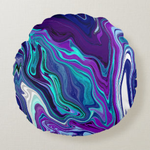 Purple and Teal Abstract Digital Marble Round Pillow