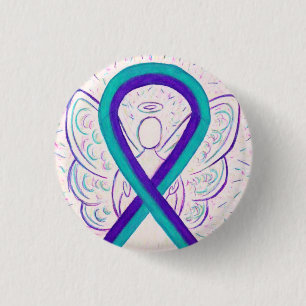 Purple and Teal Awareness Ribbon Angel Button Pin