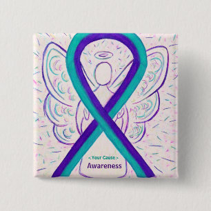 Purple and Teal Awareness Ribbon Angel Button Pin