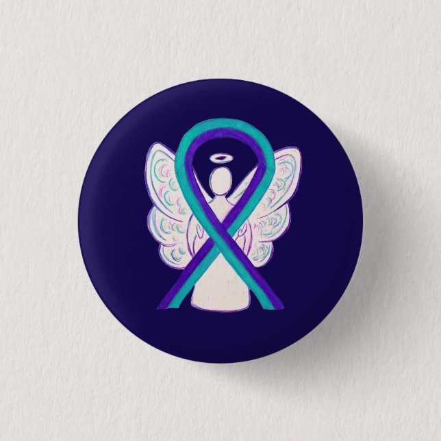 Purple and Teal Awareness Ribbon Angel Button Pin (Front)