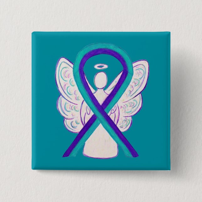Purple and Teal Awareness Ribbon Angel Button Pin (Front)