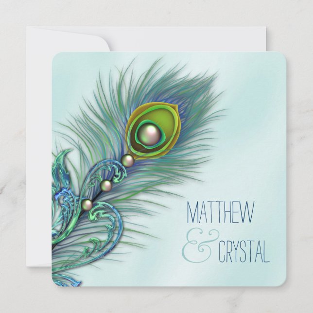 Purple and Teal Blue Peacock Wedding Invitation (Front)