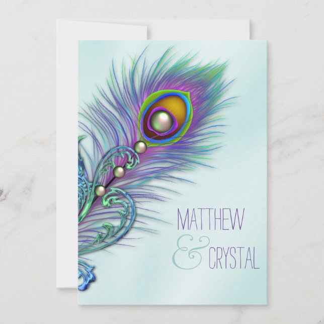 Purple and Teal Blue Peacock Wedding Invitation (Front)