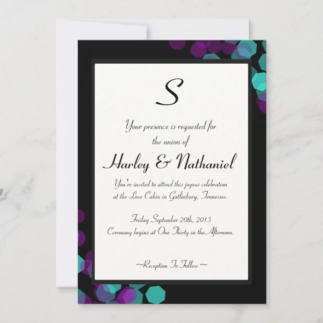 Purple and Teal Bokeh Monogrammed Invitation (Front)