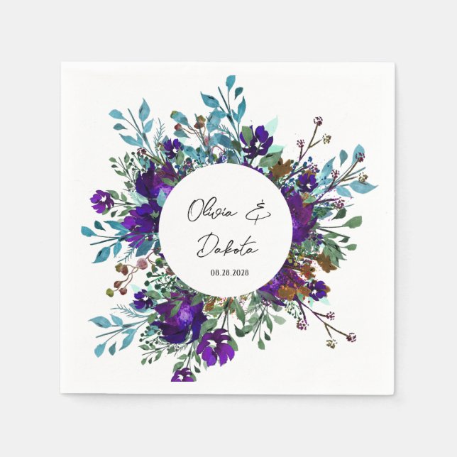 Purple and Teal Botanical Floral Wedding Napkin (Front)