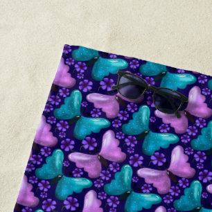 Purple and Teal Butterfly Pattern Floral Seamles Beach Towel