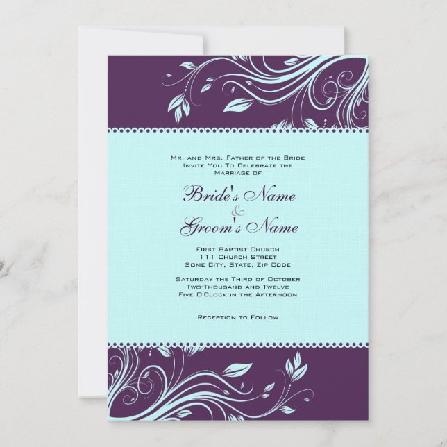 Purple and Teal Floral Swirls Wedding Invitation (Front)
