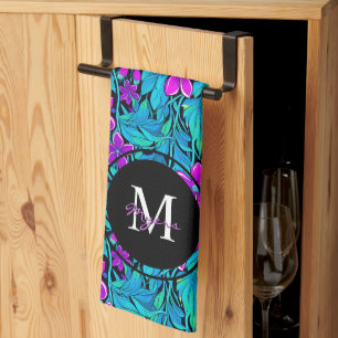 Purple and Teal Flowers and Foliage Personalized Kitchen Towel