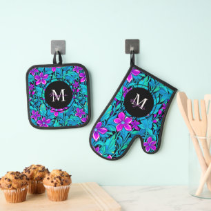 Purple and Teal Flowers and Foliage Personalized Oven Mitt & Pot Holder Set