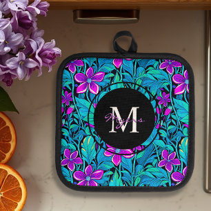 Purple and Teal Flowers and Foliage Personalized Pot Holder