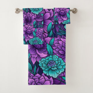 Purple And Teal Flowers  Bath Towel Set
