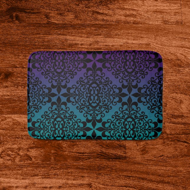 Purple And Teal Gradient Black Damask Pattern Bath Mat (Creator Uploaded)