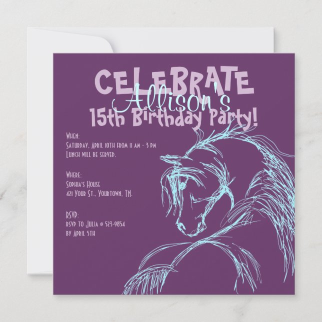 Purple and Teal Horse Head Sketch Birthday Invite (Front)