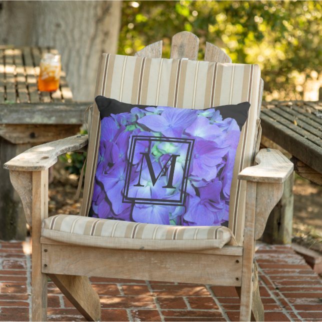 Purple and teal hydrangea, purple blue flowers  outdoor pillow