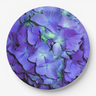 Purple and teal hydrangea, purple blue flowers  paper plate