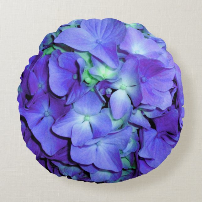Purple and teal hydrangea, purple blue flowers  round pillow (Front)