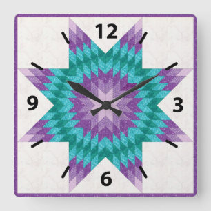 Purple and Teal Lone Star Quilt Design Square Wall Clock