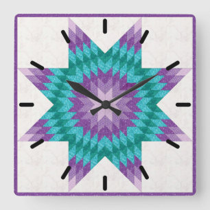 Purple and Teal Lone Star Quilt Design Square Wall Clock