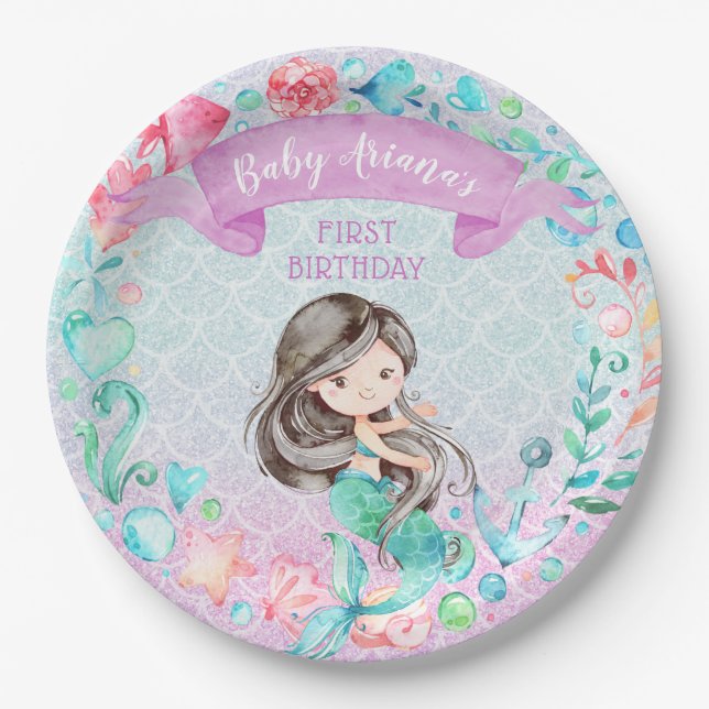 Purple and Teal Mermaid Custom First Birthday Paper Plate (Front)