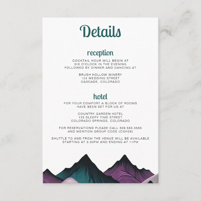 Purple and Teal Mountains Wedding Enclosure Card (Front)