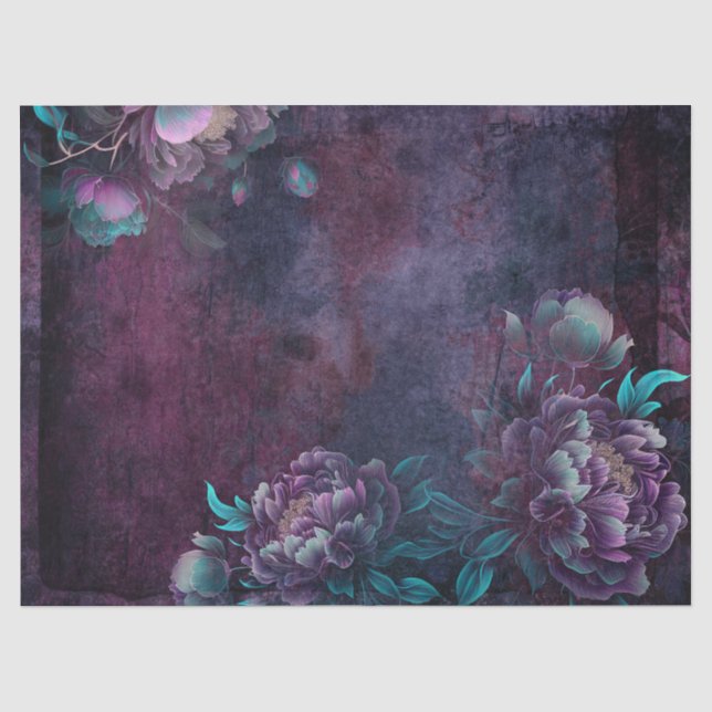 Purple and Teal Peony Flowers Decoupage Tissue Paper (Front)