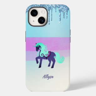 Purple and Teal Unicorn with Faux Dripping Glitter Case-Mate iPhone 14 Case
