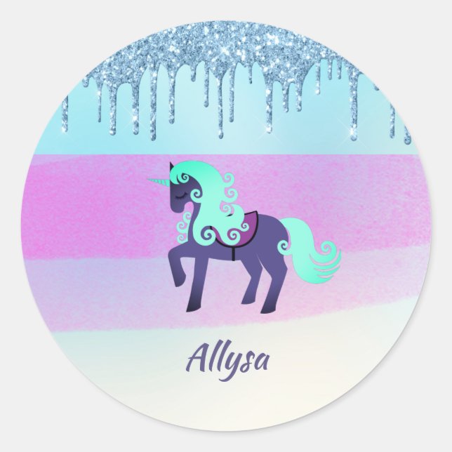 Purple and Teal Unicorn with Faux Dripping Glitter Classic Round Sticker (Front)