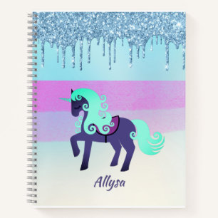Purple and Teal Unicorn with Faux Dripping Glitter Notebook