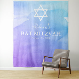 Purple and Teal Watercolor Bat Mitzvah Backdrop Tapestry
