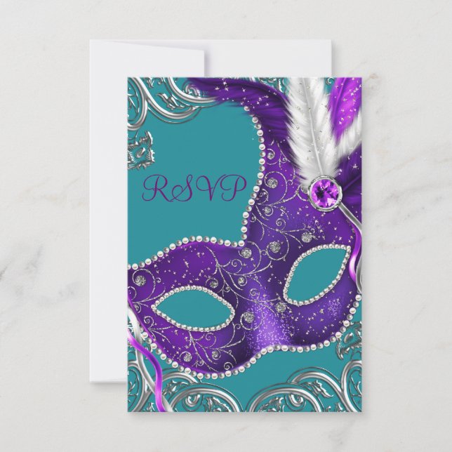 Purple and Turquoise Blue Masquerade Party RSVP (Front)