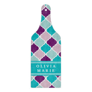 Purple and Turquoise Lattice Pattern with Name Cutting Board
