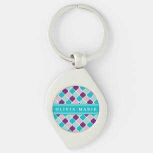 Purple and Turquoise Lattice Pattern with Name Keychain