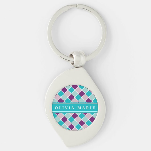 Purple and Turquoise Lattice Pattern with Name Keychain (Front)