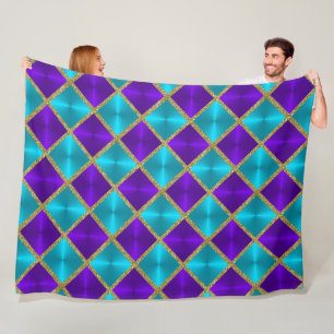 Purple and Turquoise Metallic Looking Squares Gold Fleece Blanket