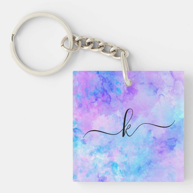 Purple and Turquoise Watercolor Splashes Keychain (Front)